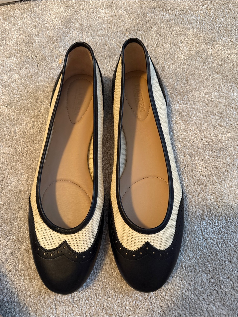 Lauren Ralph Lauren Black Leather and Cream Woven Ballet Flats